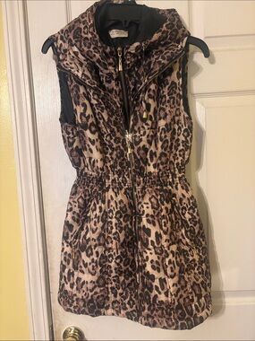 Leopard Print Sleeveless Puffer Vest with Hood - Brown